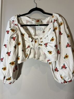 FARM Rio White Floral Tie-Front Puff Sleeve Crop Top